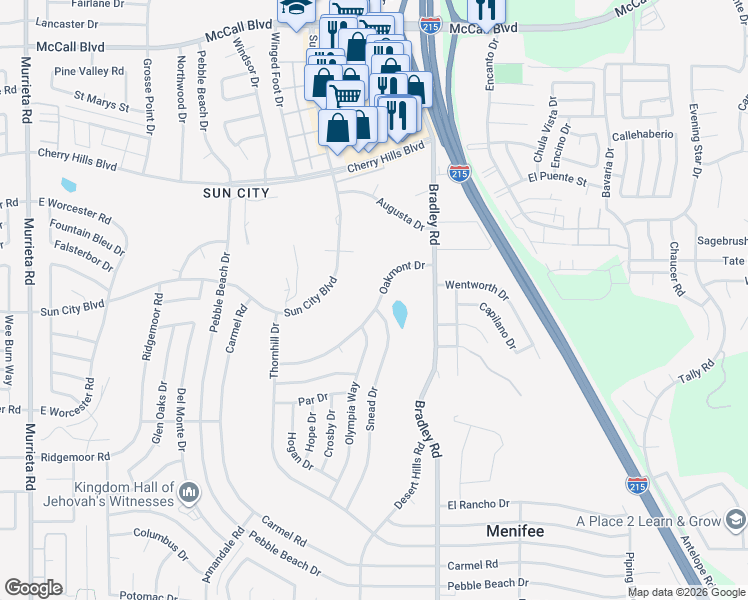 map of restaurants, bars, coffee shops, grocery stores, and more near 26850 Oakmont Drive in Menifee