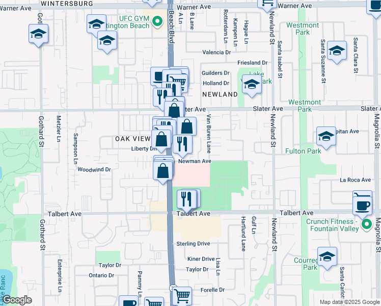 map of restaurants, bars, coffee shops, grocery stores, and more near 17692 Cameron Lane in Huntington Beach