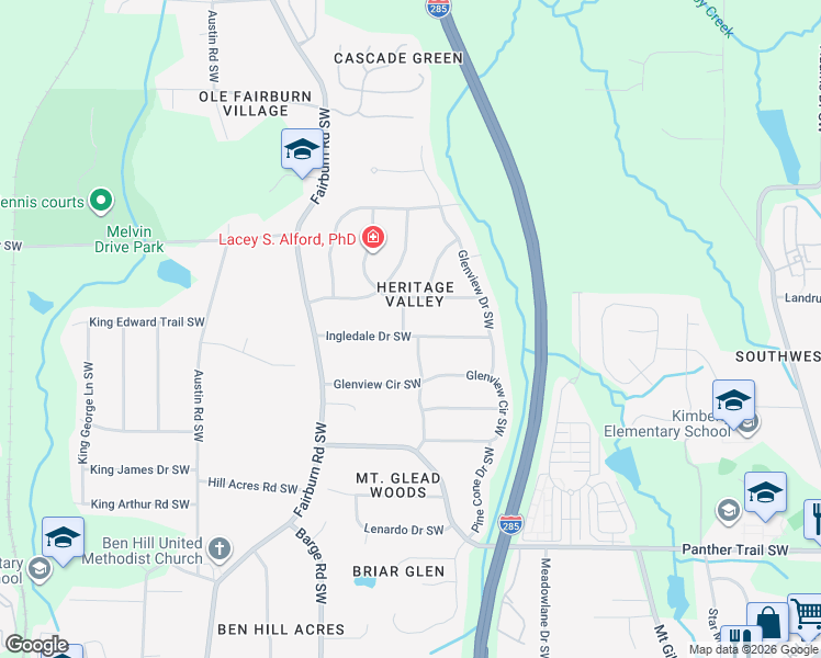 map of restaurants, bars, coffee shops, grocery stores, and more near 3550 Ingledale Drive Southwest in Atlanta