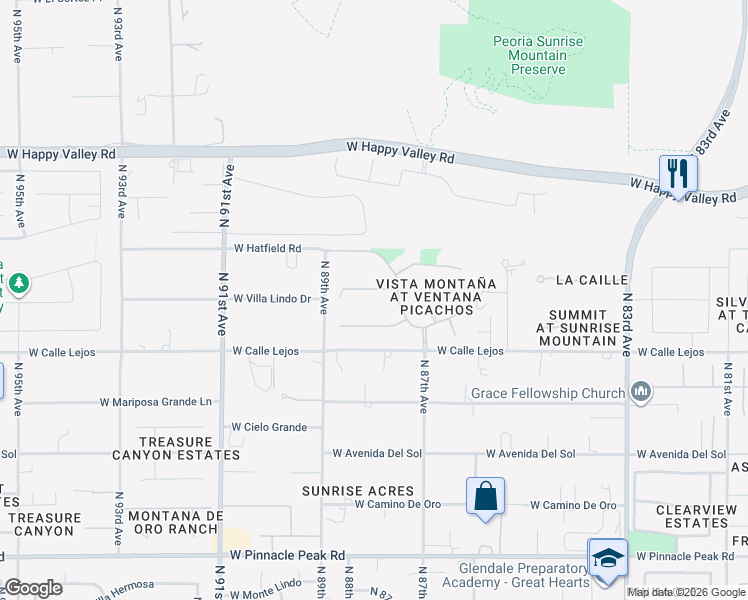 map of restaurants, bars, coffee shops, grocery stores, and more near 8744 West Villa Lindo Drive in Peoria