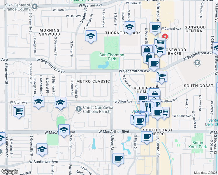 map of restaurants, bars, coffee shops, grocery stores, and more near 3125 South Salta Street in Santa Ana