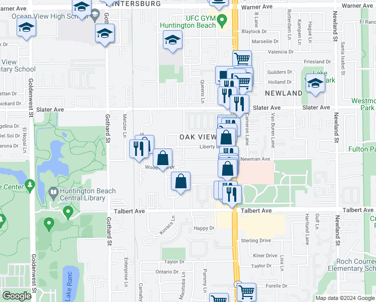 map of restaurants, bars, coffee shops, grocery stores, and more near 7761 Newman Avenue in Huntington Beach