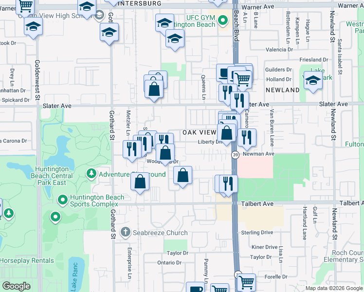 map of restaurants, bars, coffee shops, grocery stores, and more near 17712 Crabb Lane in Huntington Beach