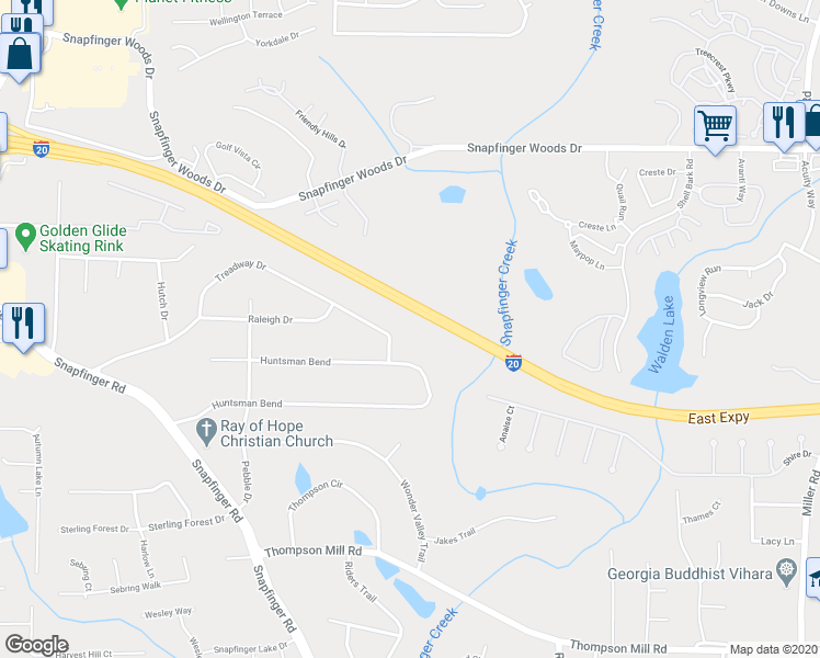 map of restaurants, bars, coffee shops, grocery stores, and more near 2551 Treadway Drive in Decatur