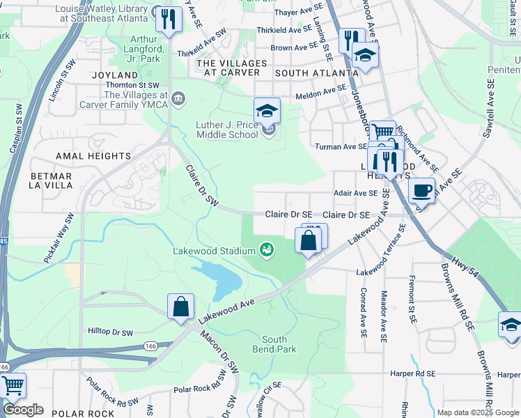 map of restaurants, bars, coffee shops, grocery stores, and more near 10 Claire Drive Southeast in Atlanta