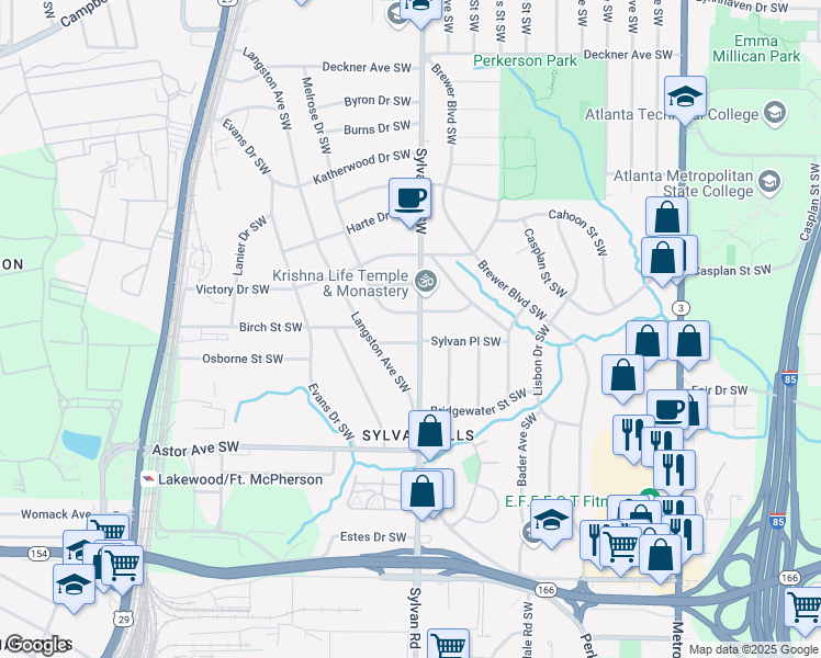map of restaurants, bars, coffee shops, grocery stores, and more near 1823 Sylvan Road Southwest in Atlanta