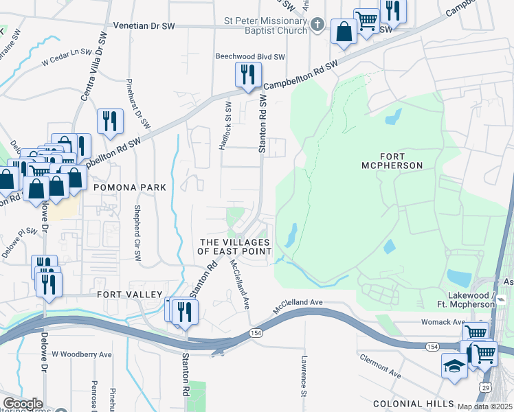 map of restaurants, bars, coffee shops, grocery stores, and more near in East Point