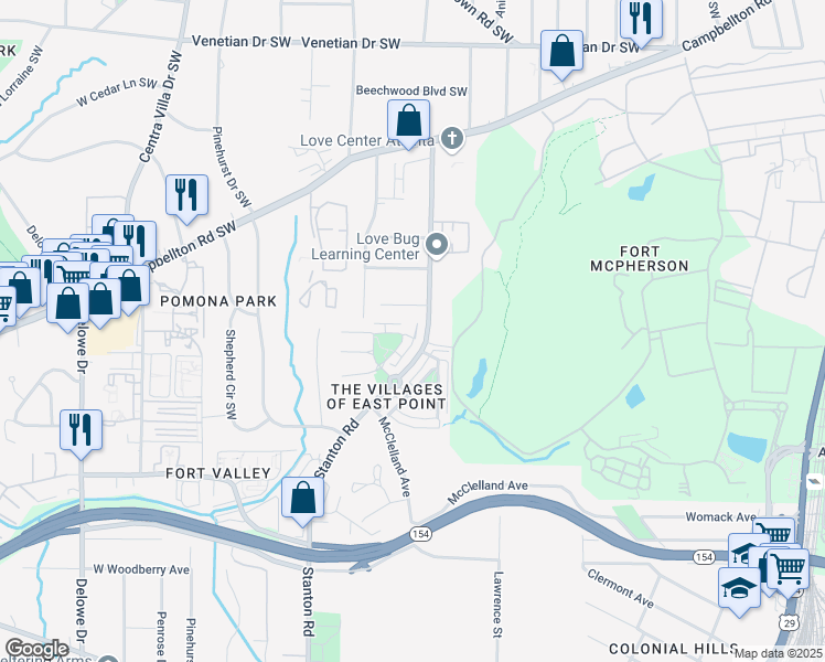 map of restaurants, bars, coffee shops, grocery stores, and more near 1894 Stanton Road in East Point