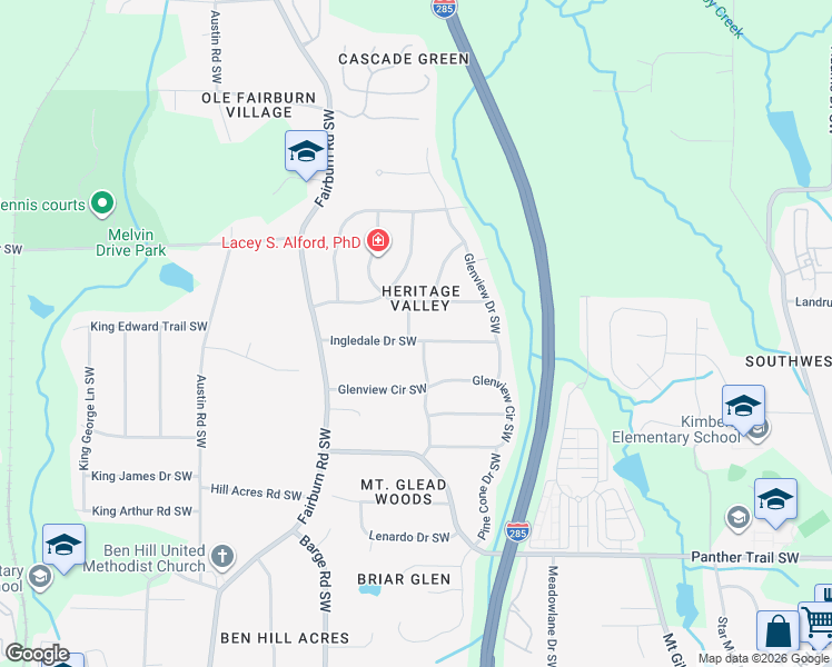 map of restaurants, bars, coffee shops, grocery stores, and more near 3550 Ingledale Drive Southwest in Atlanta