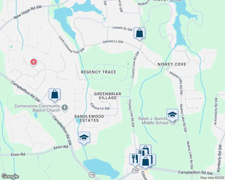map of restaurants, bars, coffee shops, grocery stores, and more near 4629 Greenbriar Trail Southwest in Atlanta