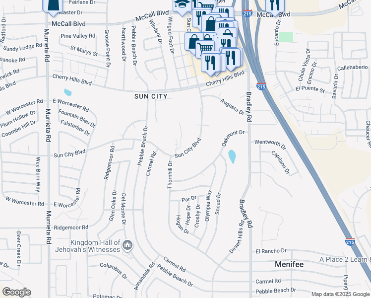 map of restaurants, bars, coffee shops, grocery stores, and more near 26656 Sun City Boulevard in Menifee