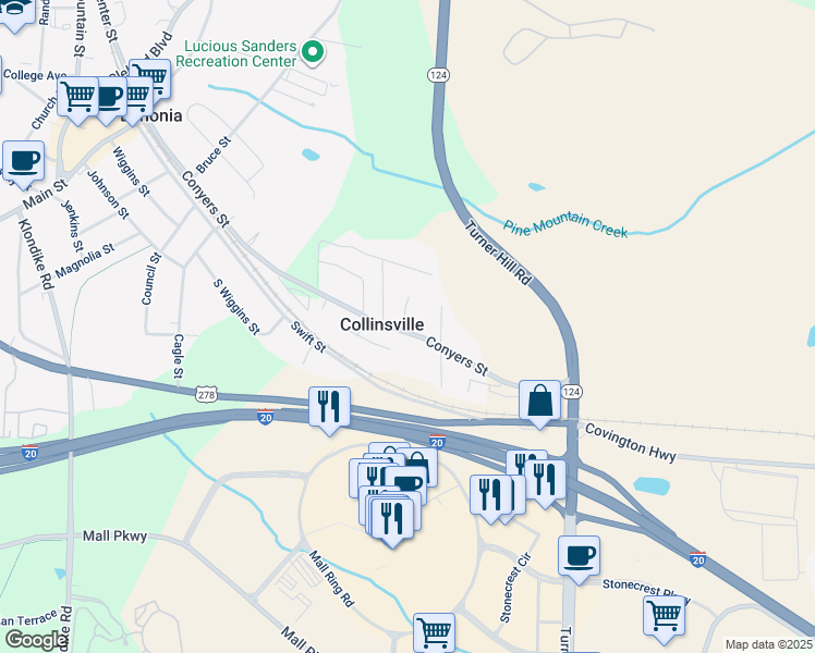 map of restaurants, bars, coffee shops, grocery stores, and more near 7620 Conyers Street in Lithonia