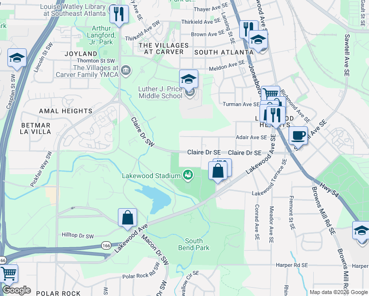 map of restaurants, bars, coffee shops, grocery stores, and more near 70 Claire Drive Southwest in Atlanta