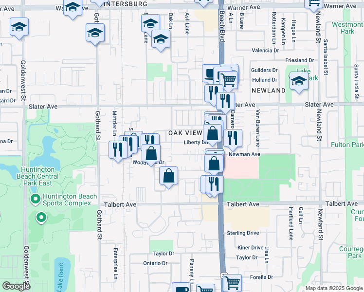 map of restaurants, bars, coffee shops, grocery stores, and more near 7792 Liberty Drive in Huntington Beach