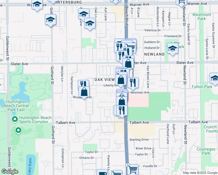 map of restaurants, bars, coffee shops, grocery stores, and more near 7832 Liberty Drive in Huntington Beach