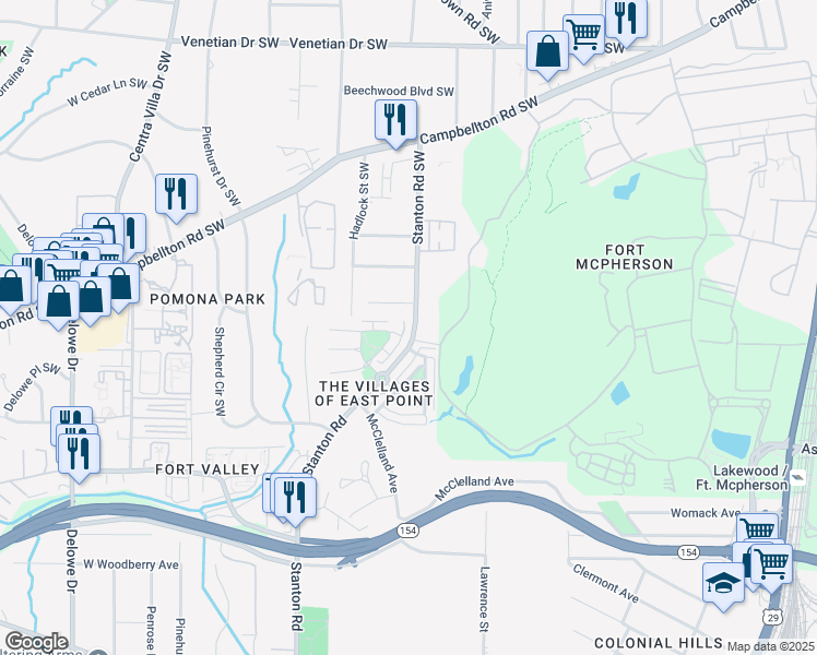 map of restaurants, bars, coffee shops, grocery stores, and more near in East Point