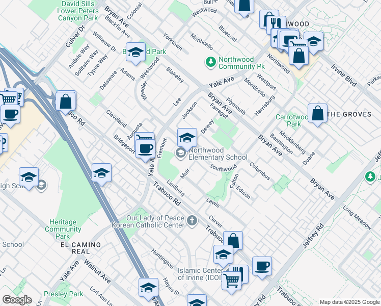 map of restaurants, bars, coffee shops, grocery stores, and more near 31 Carson in Irvine