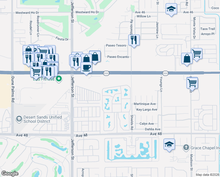 map of restaurants, bars, coffee shops, grocery stores, and more near 80394 Avenue 48 in Indio