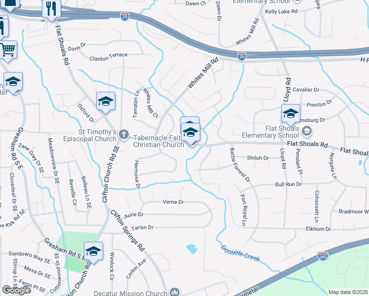 map of restaurants, bars, coffee shops, grocery stores, and more near 2834 Alameda Trail in Decatur