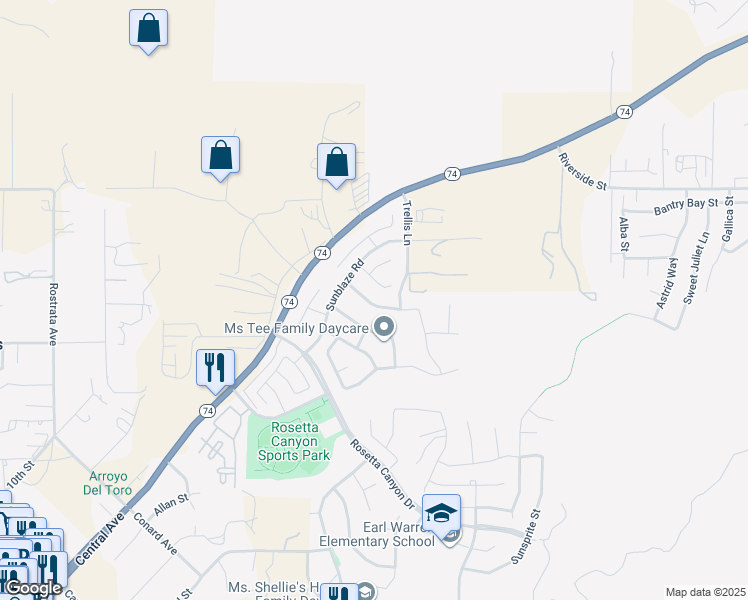 map of restaurants, bars, coffee shops, grocery stores, and more near 45014 Sonia Drive in Lake Elsinore