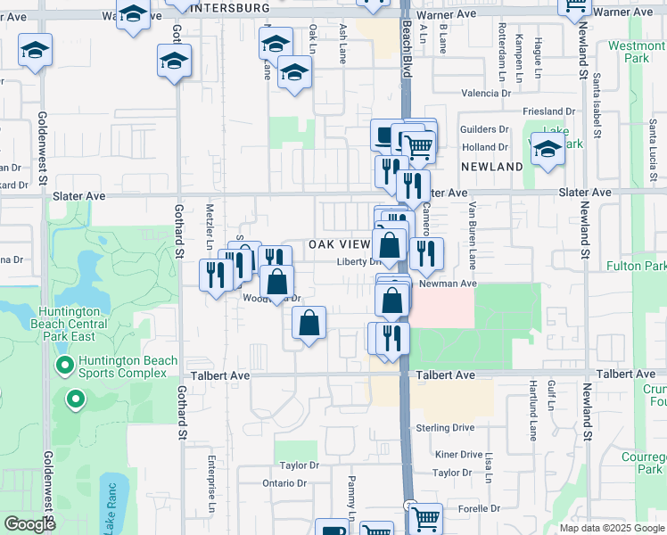 map of restaurants, bars, coffee shops, grocery stores, and more near 7761 Newman Avenue in Huntington Beach