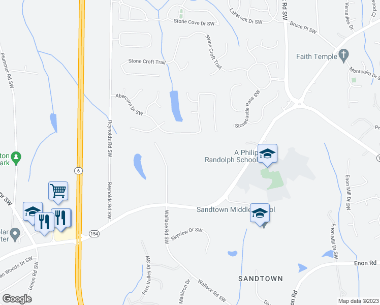 map of restaurants, bars, coffee shops, grocery stores, and more near 1874 Wallace Road Southwest in Atlanta