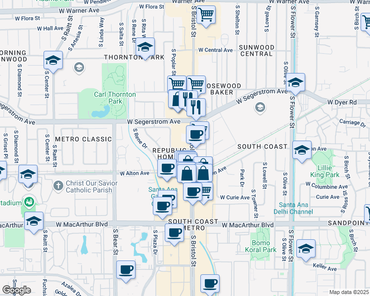 map of restaurants, bars, coffee shops, grocery stores, and more near 3050 South Bristol Street in Santa Ana