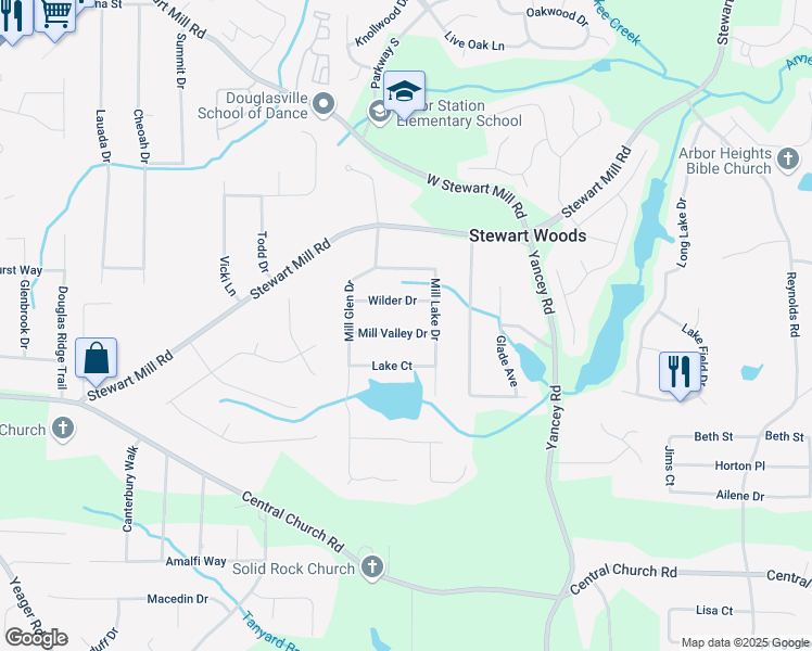 map of restaurants, bars, coffee shops, grocery stores, and more near 5410 Mill Valley Drive in Douglasville