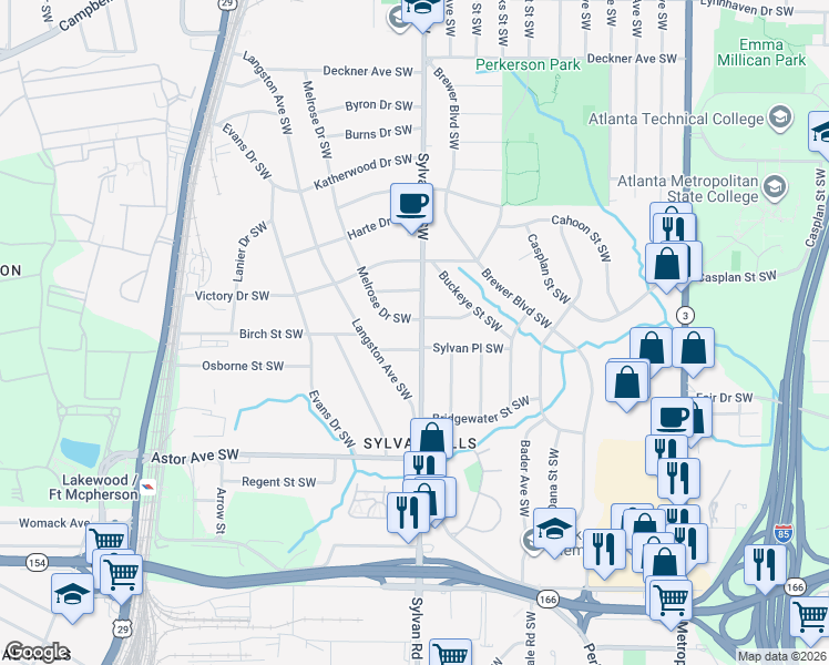 map of restaurants, bars, coffee shops, grocery stores, and more near 1823 Sylvan Road Southwest in Atlanta
