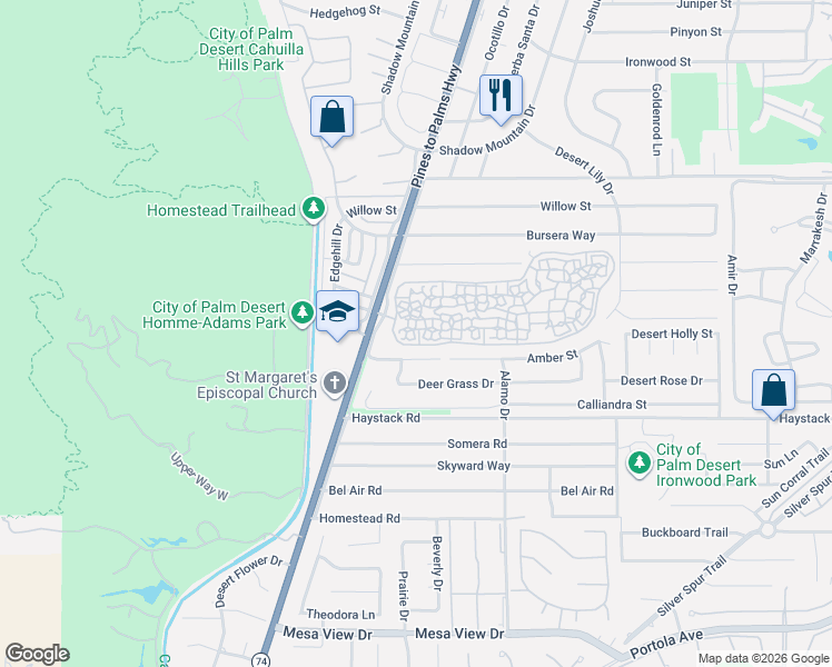 map of restaurants, bars, coffee shops, grocery stores, and more near 72726 Tony Trabert Lane in Palm Desert