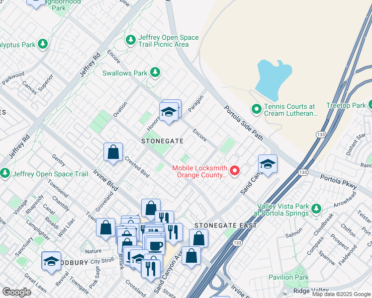 map of restaurants, bars, coffee shops, grocery stores, and more near 47 Lyndhurst in Irvine