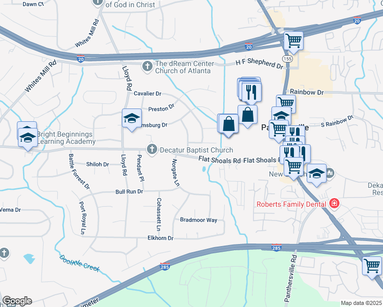 map of restaurants, bars, coffee shops, grocery stores, and more near 2784 Williamsburg Way in Decatur