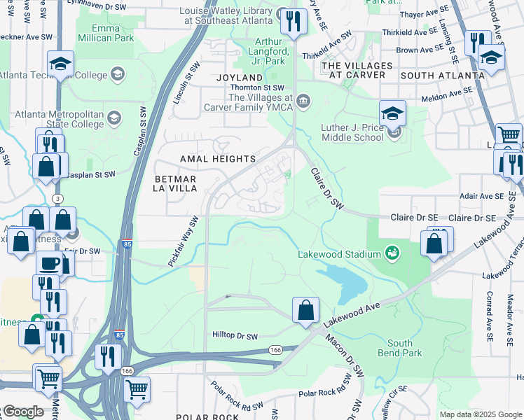 map of restaurants, bars, coffee shops, grocery stores, and more near 2002 Lakewood Way Southwest in Atlanta