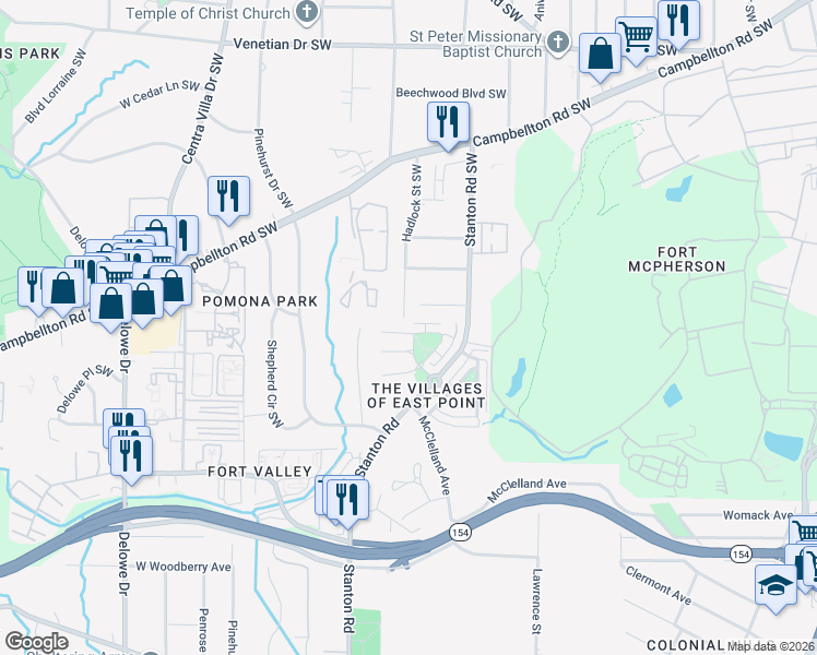 map of restaurants, bars, coffee shops, grocery stores, and more near 8918 Valley Drive in East Point