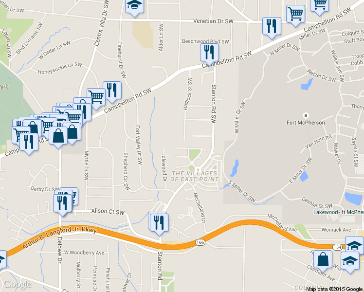map of restaurants, bars, coffee shops, grocery stores, and more near 1724 Bayrose Circle in East Point