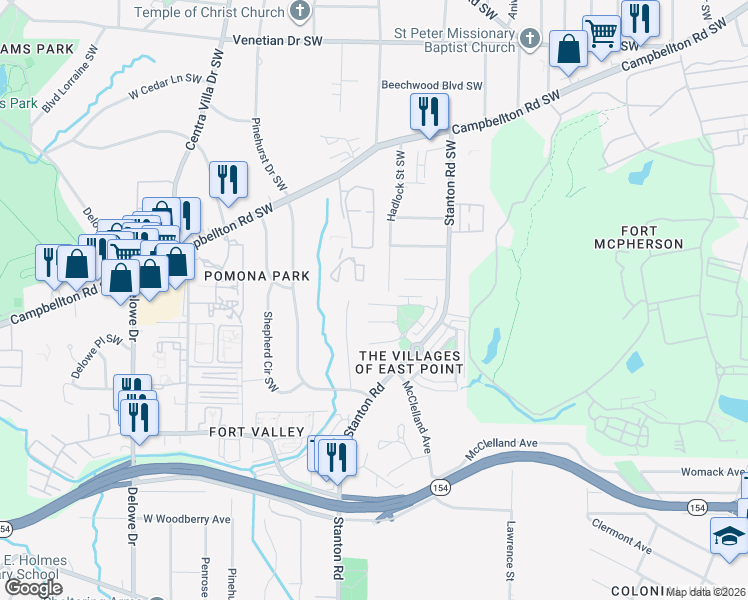 map of restaurants, bars, coffee shops, grocery stores, and more near 1724 Bayrose Circle in East Point