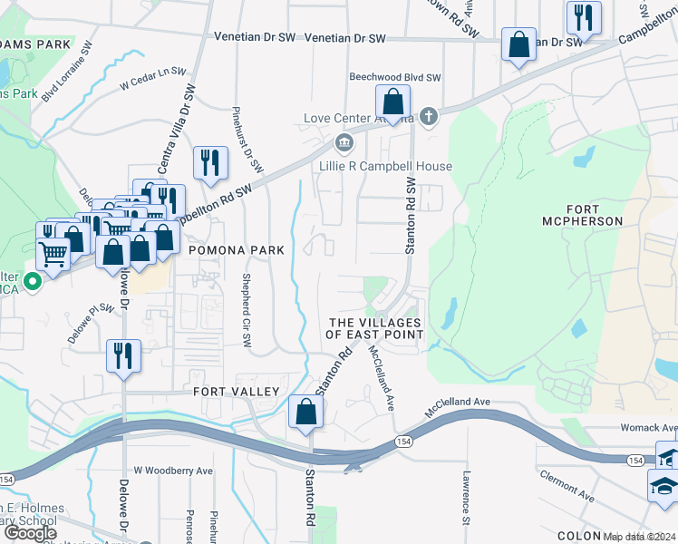 map of restaurants, bars, coffee shops, grocery stores, and more near 1616 Bayrose Circle in East Point