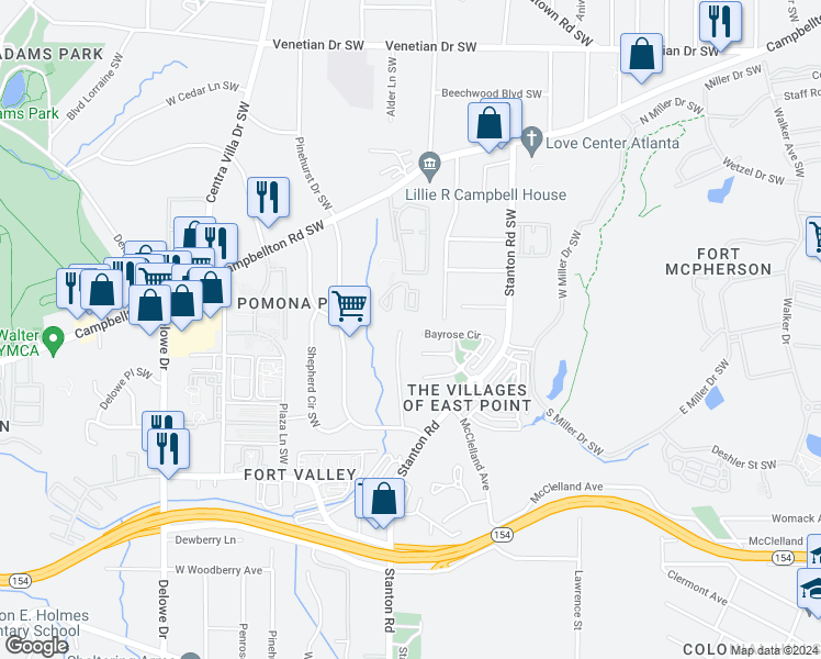 map of restaurants, bars, coffee shops, grocery stores, and more near 1724 Bayrose Circle in East Point