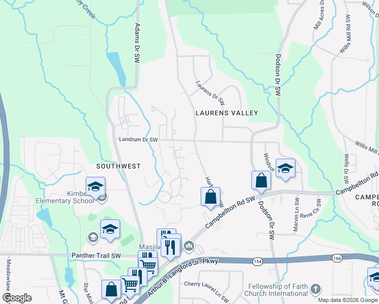 map of restaurants, bars, coffee shops, grocery stores, and more near 1847 Harbin Road Southwest in Atlanta