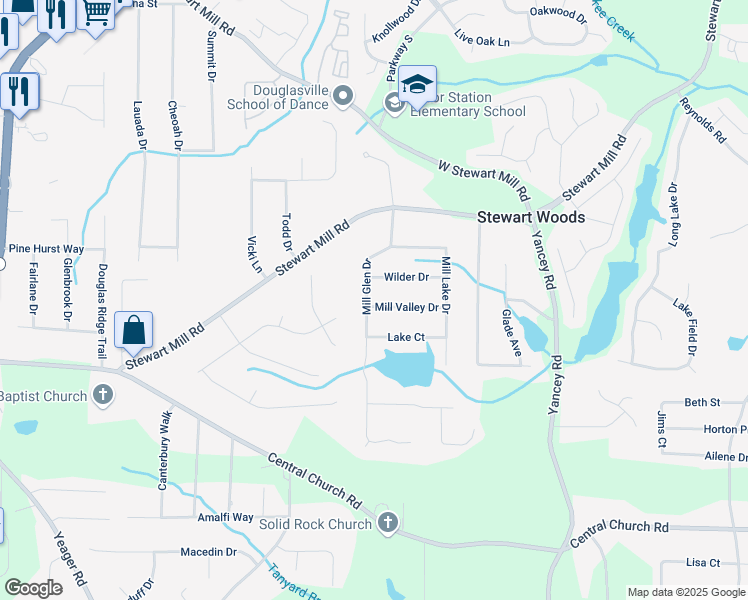 map of restaurants, bars, coffee shops, grocery stores, and more near 3679 Mill Glen Drive in Douglasville