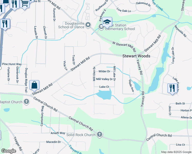 map of restaurants, bars, coffee shops, grocery stores, and more near 3679 Mill Glen Drive in Douglasville