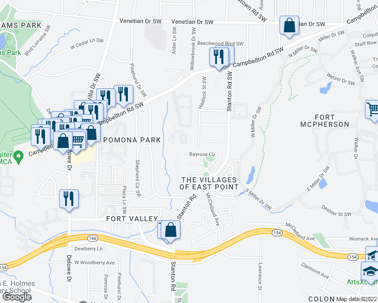 map of restaurants, bars, coffee shops, grocery stores, and more near 1616 Bayrose Circle in East Point