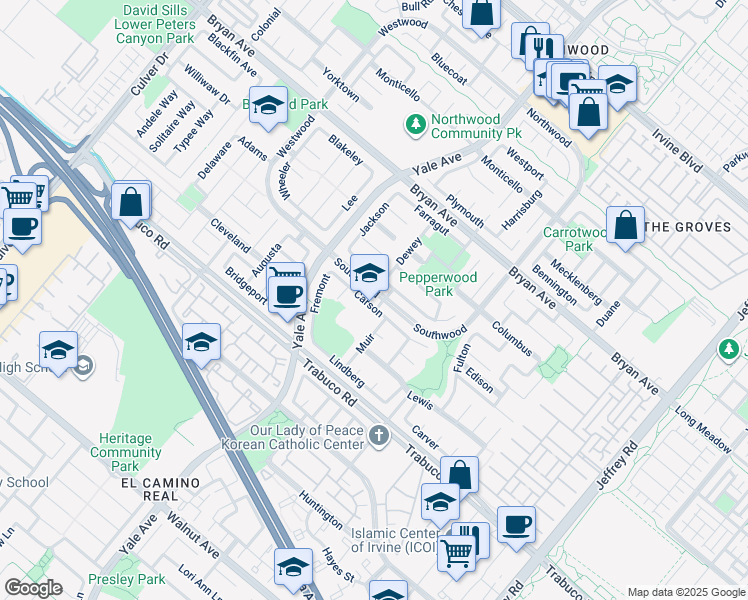 map of restaurants, bars, coffee shops, grocery stores, and more near 29 Carson in Irvine