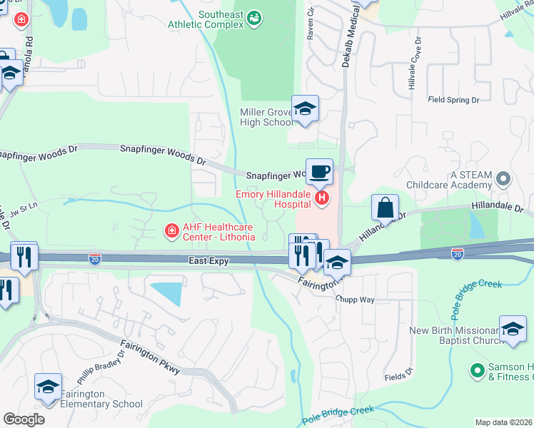 map of restaurants, bars, coffee shops, grocery stores, and more near 5850 Hillandale Drive in Lithonia