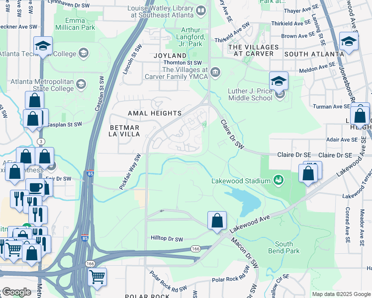 map of restaurants, bars, coffee shops, grocery stores, and more near 2002 Lakewood Way Southwest in Atlanta