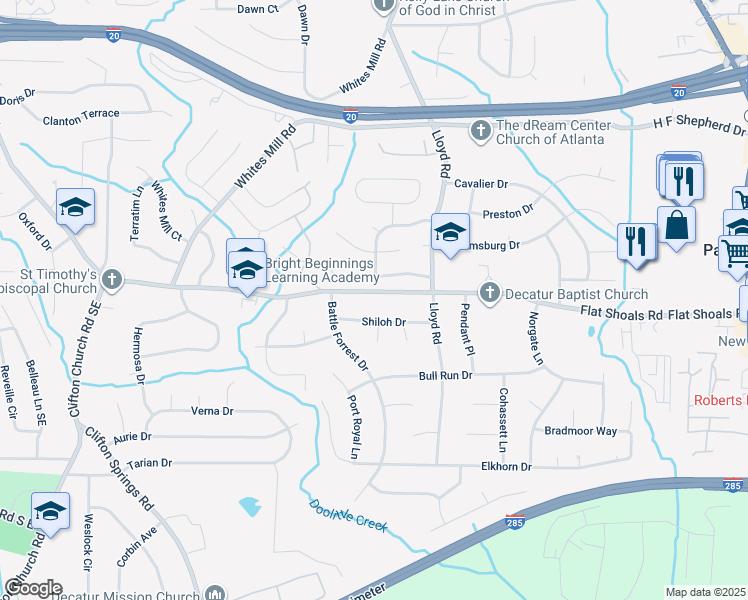 map of restaurants, bars, coffee shops, grocery stores, and more near 3111 Flat Shoals Road in Decatur