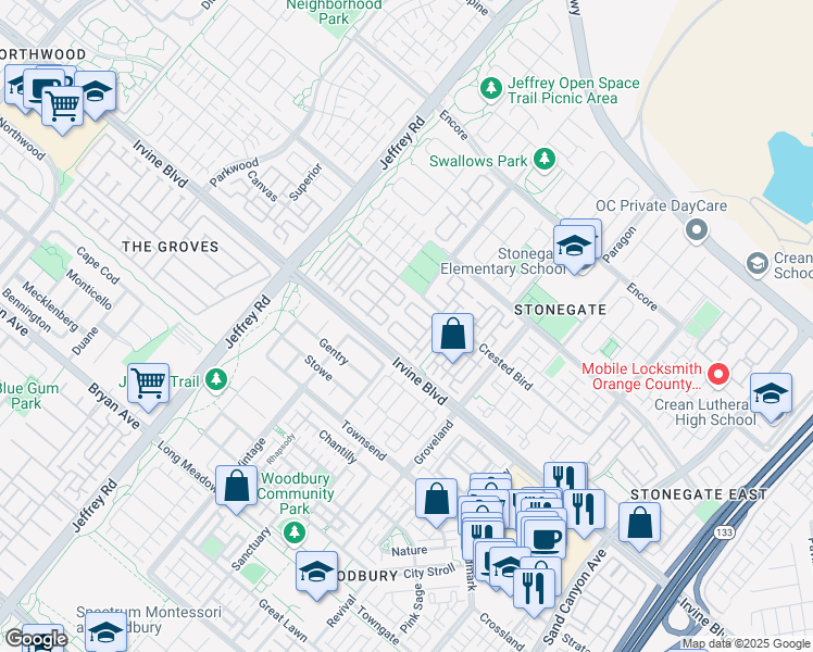 map of restaurants, bars, coffee shops, grocery stores, and more near 109 Overbrook in Irvine