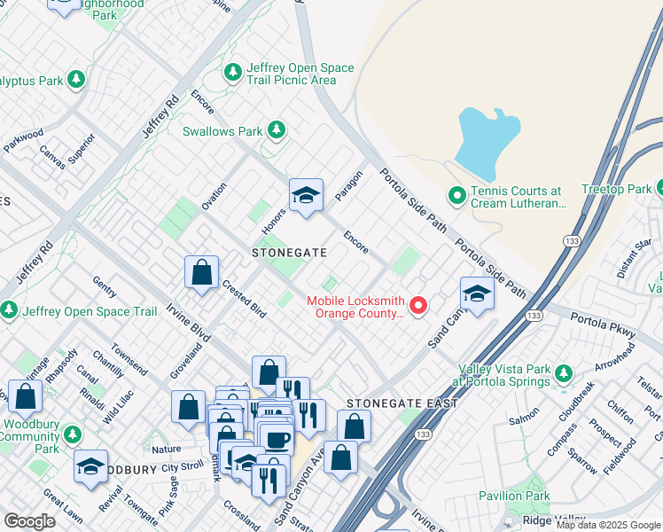 map of restaurants, bars, coffee shops, grocery stores, and more near 47 Lyndhurst in Irvine