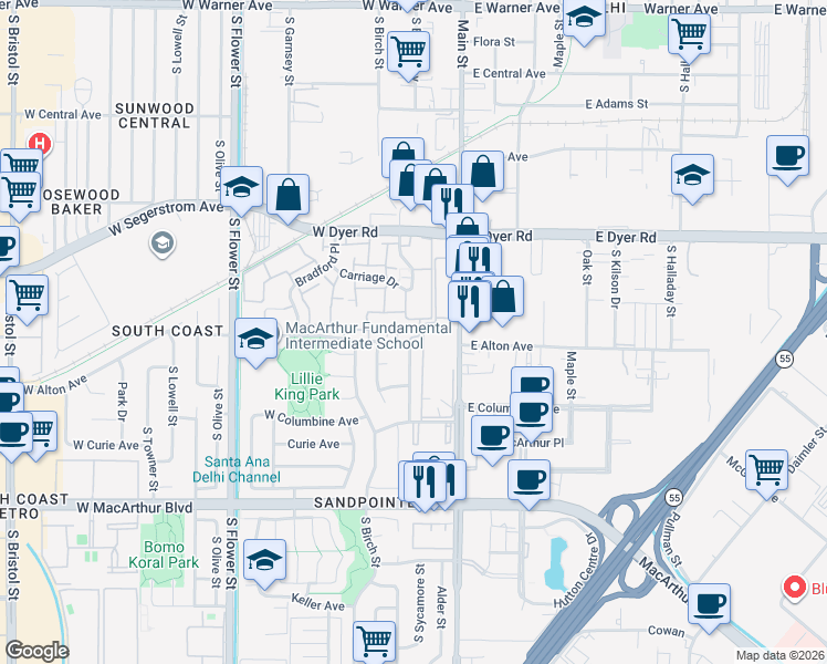 map of restaurants, bars, coffee shops, grocery stores, and more near 201 West Alton Avenue in Santa Ana