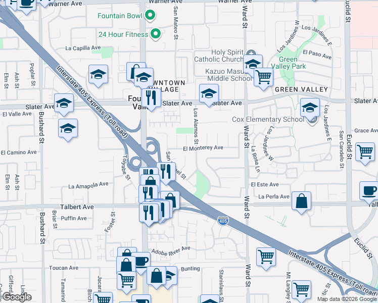 map of restaurants, bars, coffee shops, grocery stores, and more near 10220 El Monterey Avenue in Fountain Valley